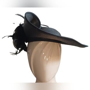COPY - reserved for aetobin 80s Black Faux Straw Hat Fabric Rose Feather